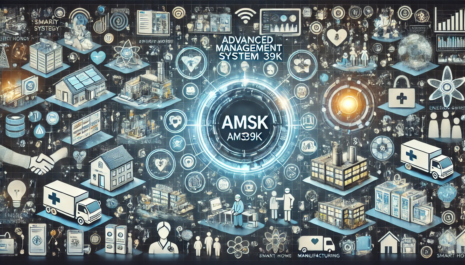 An illustration showing the impact of the Advanced Management System AMS39K technology across multiple industries, including smart homes, healthcare, energy, and manufacturing, with various interconnected digital symbols and icons.