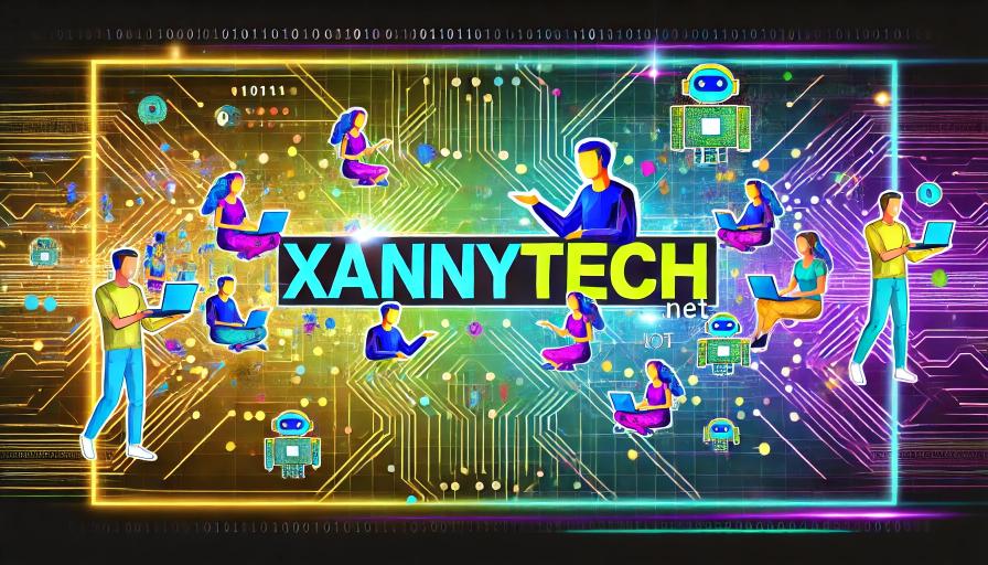 Colorful digital illustration with the text Xannytech.net/ surrounded by abstract figures using laptops, digital circuits, robots, and binary code, representing a modern tech website.