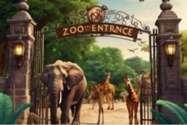 A vibrant, colorful Zooville landscape featuring a variety of animals including lions, elephants, and giraffes, with a whimsical, cartoonish style.