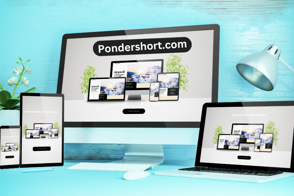 A laptop screen displaying the homepage of Pondershort.com, featuring a clean design with engaging articles and thought-provoking short reads.