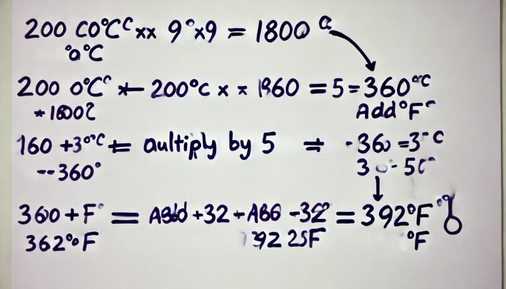  A whiteboard with handwritten mathematical calculations involving temperature conversions. The text shows a mix of Celsius (°C) and Fahrenheit (°F) symbols, along with some arithmetic operations like multiplication, addition, and subtraction. The conversion process appears unclear, with some steps being crossed out or written in a confusing manner.